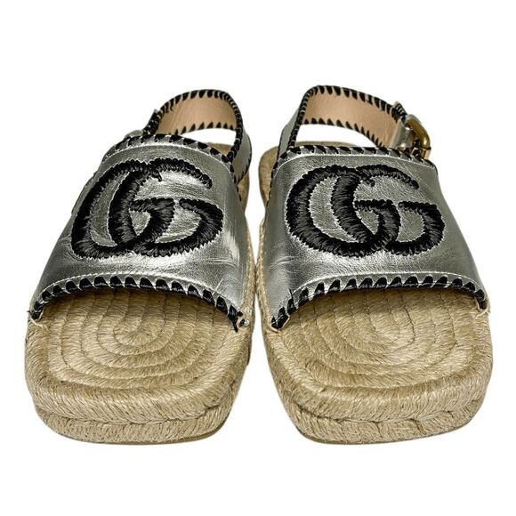 Gucci Pilar GG Espadrille Sandals EU 37 US 7 Metallic Silver Slingback Logo - Picture 4 of 14